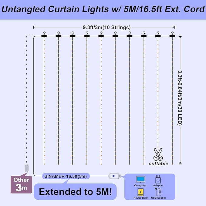 Blue Pixie Curtain Light, 9.8ft x 9.8ft Untangled Copper Wire String Lights, USB Powered Hanging Window Fairy Lights, 8 Lighting Modes, Remote Control for Home Christmas Wedding Party