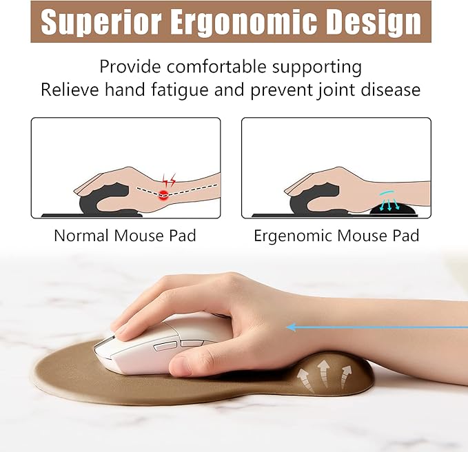 Hsurbtra Ergonomic Mouse Pad with Wrist Rest Support, Gel Mouse Pads with Non-Slip PU Base, Pain Relief Memory Foam Computer Mat, Cute Office Supplies Desk Decro Accessories, Leather Brown