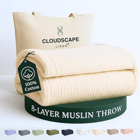 Cloud Scape Linen Extra Large 8-Layer Muslin Throw Blanket, 100% Cotton Gauze Blanket for Couch, Sofa, Bed, Lightweight, Suitable for All Season,50x70, Ivory