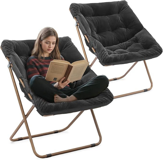 Athena Collection Saucer Chair for Adult, Square Comfy Cozy Chair Folding Chair Faux Fur Metal Frame Foldable Reading Chair Accent Chair for Bed Room Living Room Set of 2, Black