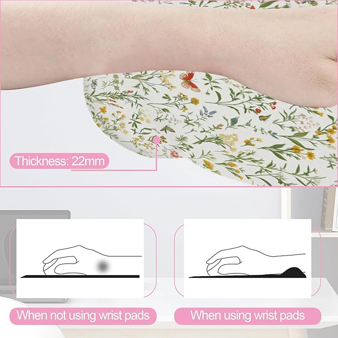 Wildflowers Butterfly Mouse Pad with Wrist Rest and Keyboard Wrist Rest Set, Vintage Garden Plants Herb Flower Non-Slip Rubber Base Memory Foam Mouse Pad Set for Women, Office Desk Accessories, Gaming