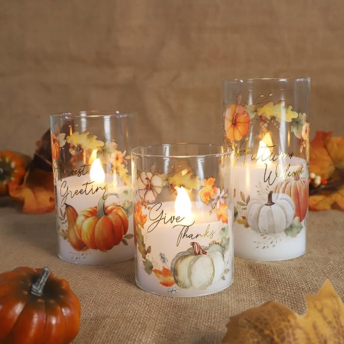 Fall Decor Flameless Candles with Remote Thanksgiving Gift Set of 3 Autumn Theme Autumn Ornament LED Home Decor Battery Operated Timer Pumpkin Maple Leaves Painting Harvest