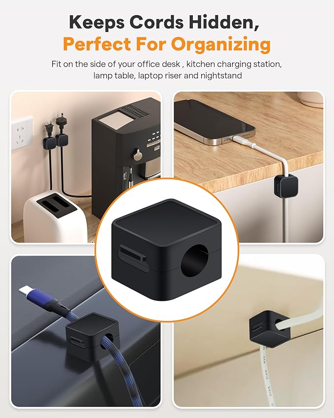 6 Pack Magnetic Cable Clips+2 Sheets (20 Lables) Cute Self-Adhesive Sticker Lables, 11.5mm Ultra Slim Smooth Adjustable Cord Organizer, Under Desk Cable Management for Home/Office/Kitchen/Nightstand