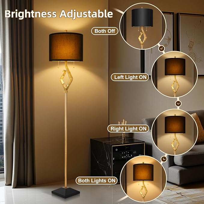 Scenekoy Sculptural 64.5” Floor Lamp for Living Room Bedroom, Gold Leaf Finish & Black Faux Silk Shade, Pull Chains Switch Standing Lamp, Brightness Adjustable Lamp with Bulb Prefer for Home Office