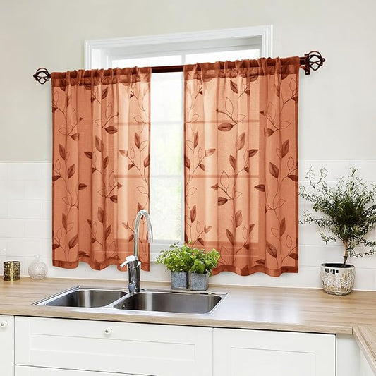 HOMEIDEAS Fall Burnt Orange Sheer Kitchen Curtains 30 X 36 Inch Length 2 Panels Embroidered Leaf Pattern Short Curtains for Small Window Valance Tiers