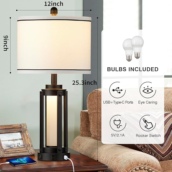 Industrial Table Lamps Set of 2, Modern Beside Lamp with USB A+C Charging Ports & AC Outlet, Rustic Nightstand Lamp with LED Night Light for Living Room Bedroom End Table Entryway Black Bulbs Included