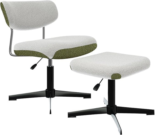 Swivel Criss Cross Chair, Accent Chair with Ottoman Set, Modern Armless Chair with Ergonomic Backrest, Comfy Chair with Boucle Upholstered Seat, No Wheels, White & Green