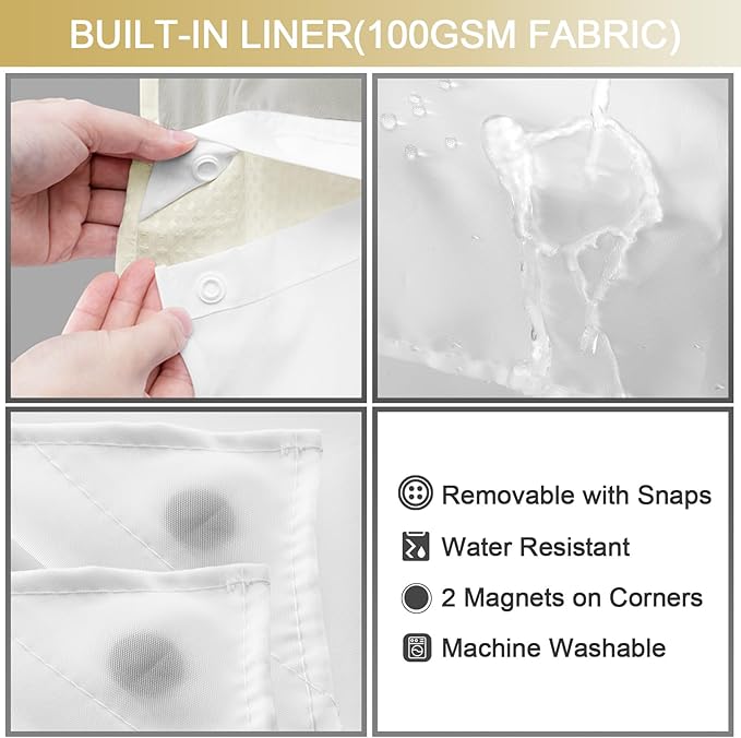 YellyHommy No Hook Shower Curtain with Snap in Liner Set Less Waffle Shower Curtain for Bathroom (Cream, 81" L x 72" W)