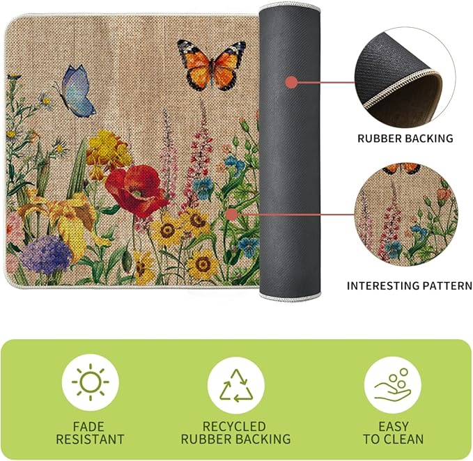 Artoid Mode Wood Flowers Butterfly Spring Kitchen Mats Set of 2, Seasonal Home Decor Leaves Low-Profile Kitchen Rugs for Floor - 17x29 and 17x47 Inch