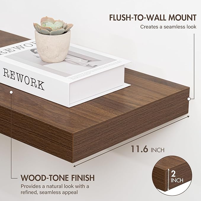 72 Inch Floating Shelves, 12" Deep Floating Shelf Wall Mounted, 72" Wall Shelves, Rustic Deep Bookshelf, Extra Deeper & Thicker Display Shelves for Bedroom, Living Room, Walnut, Set of 1