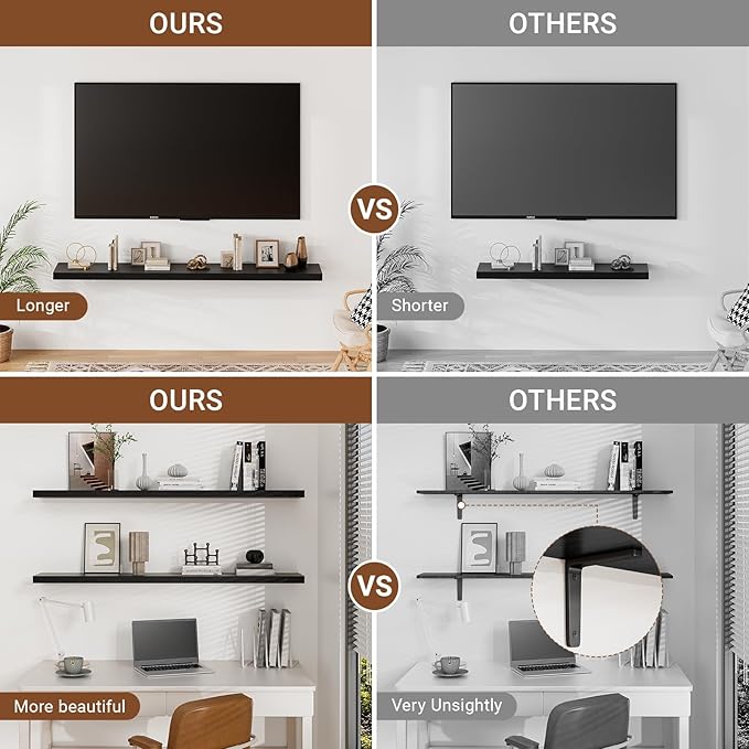 Heimlove 55 Inch Long Floating Shelves for Wall,9.3" Deep Black Floating Shelf Set of 2,Large Display Shelf & Storage Shelf,Wall Mounted Shelves for Bedroom Living Room Kitchen Office