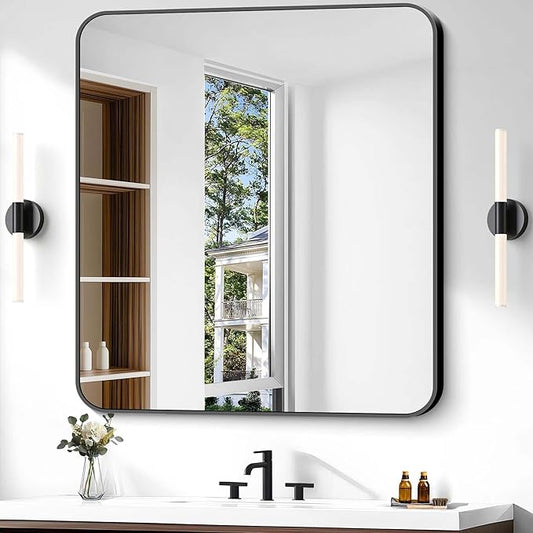 Bathroom Mirror, 40 x 36 inch Black Rectangle Wall Mirror, Metal Frame Rectangular Vanity Mirror, Rounded Corner Wall Mounted Mirror for Modern Bedroom Living Room Hangs Horizontal/Vertical