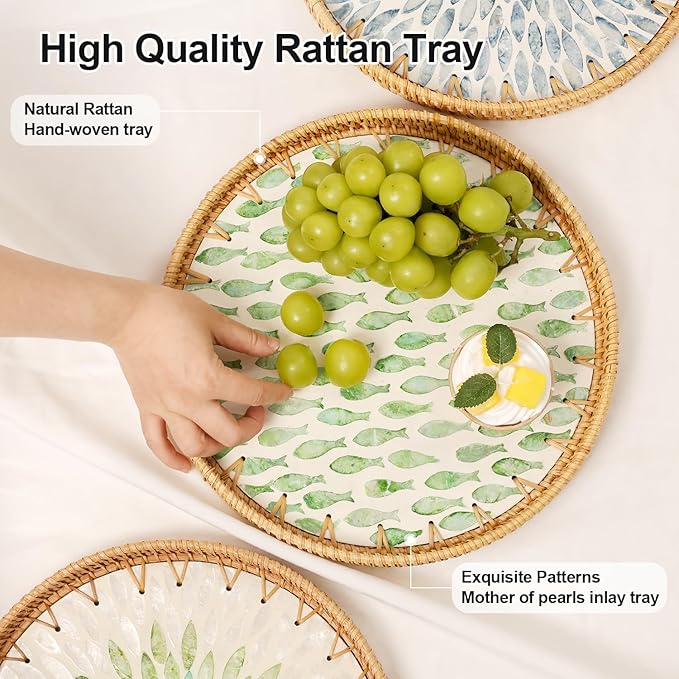 Round Rattan Tray with Mother of Pearl Inlay, Rattan Serving Tray for Coffee, Bread, Fruits, Decorative Wicker Tray for Table Decor, Home Decor, Kitchen Island Decor (Round Green Fish, 11.8")
