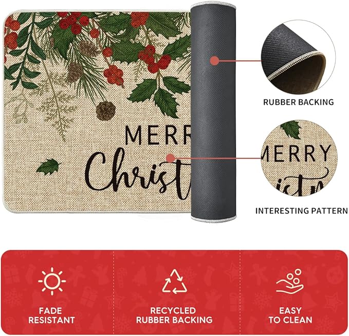 Artoid Mode Leaves Holly Merry Christmas Kitchen Mats Set of 2, Winter Home Decor Low-Profile Kitchen Rugs for Floor - 17"x29"+17"x36"+17"x47"