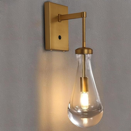 HuisMier Brass Raindrop Wall Sconces, Indoor Wall Sconces with On/Off Switch, Modern Clear Glass Wall Lamp Vanity Light Fixtures for Bathroom Bedroom Living Room Hallway, Hardwired