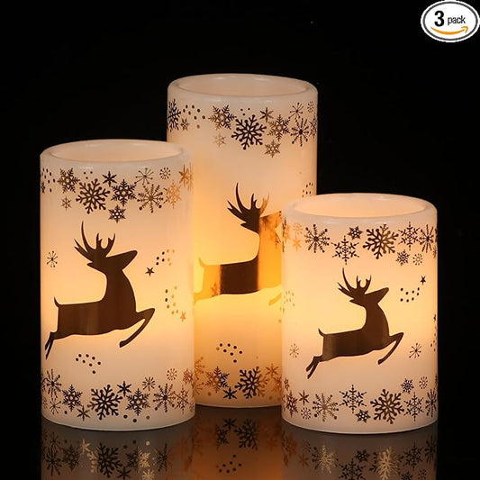 DRomance Gold Deer Flameless Flickering Candles Battery Operated with 6H Timer, 3 Pack Real Wax Warm Light LED Pillar Candles Dinner Tabletop Holiday Centerpiece Decor 3" x 6"