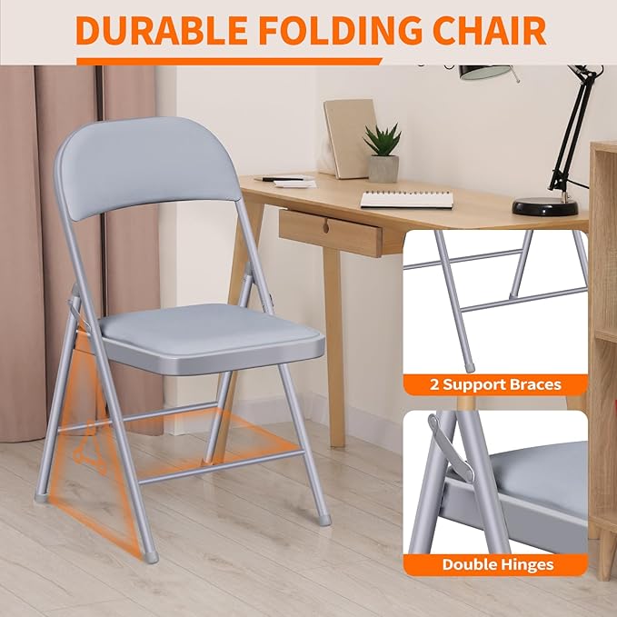 6 Pack Folding Chairs with Cushion – Padded Memory Foam Seating Gray Space-Saving Foldable Chairs for Indoor Outdoor Weddings, Parties, Backyard & Office Events (Gray, 6 Pack)