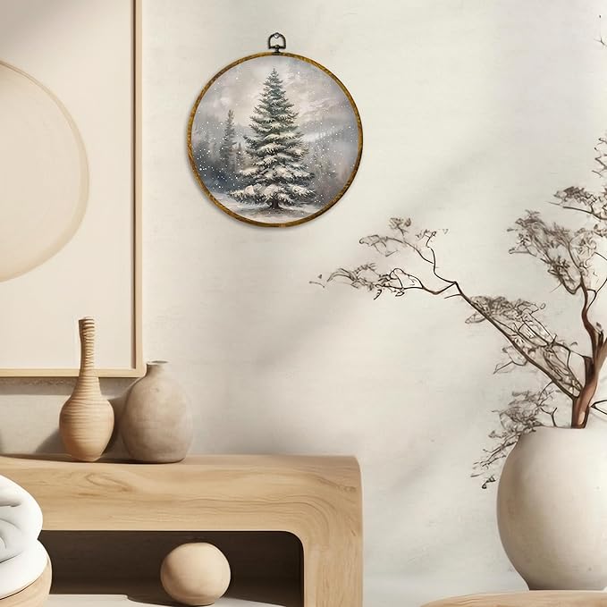 CUANFDDSF Christmas Winter Tree Round Wall Art Decor, Rustic Snowy Forest Pine Tree Landscape Wall Hanging Frame Decor, Cozy Winter Canvas Prints Decorations for Home Bedroom Living Room, 10x10 Inch