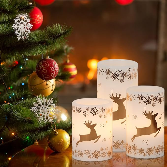 DRomance Gold Deer Flameless Flickering Candles Battery Operated with 6H Timer, 3 Pack Real Wax Warm Light LED Pillar Candles Dinner Tabletop Holiday Centerpiece Decor 3" x 6"