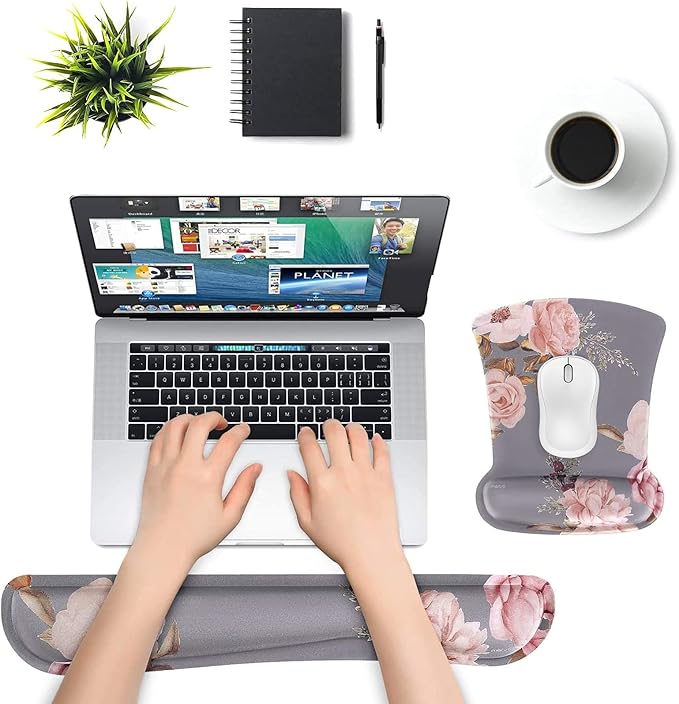 MOSISO Wrist Rest Support for Mouse Pad & Keyboard Set, Peony Ergonomic Mousepad Non-Slip Base Home/Office Pain Relief & Easy Typing Cushion with Neoprene Cloth & Raised Memory Foam, Gray