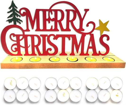 Metal Merry Christmas Sign, Tiered Tray Decor with 18 Pcs Tealights, Red Christmas Decorations Tea Lights Candles Holders for Home, Office, Shelf, Mantel, Indoor, Table, Winter Decoration
