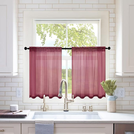 MIULEE Short Sheer Curtains 30 Inch Length for Kitchen Bathroom Cafe Half Window Treatment, Rod Pocket Tier Curtains 2 Panels, 29x30 Inches Long, Maroon Red