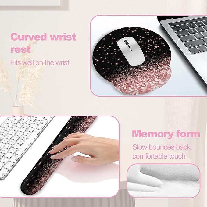 Rose Gold Glitter Mouse Pad with Wrist Rest and Keyboard Wrist Rest Set, Non-Slip Rubber Base Memory Foam Mouse Pad Set for Women, Office Desk Accessories, Gaming
