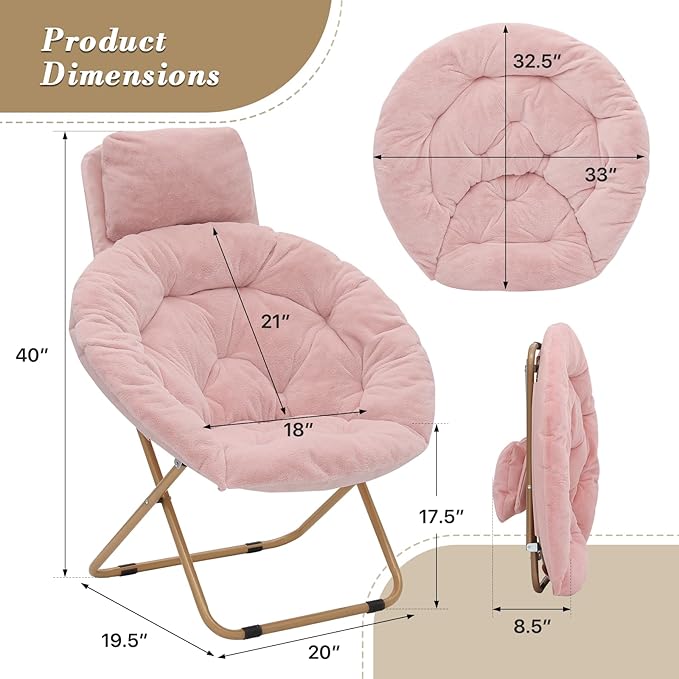 Athena Collection Comfy Saucer Chair with Headrest Oversize Round Cozy Chair Folding Chair Faux Fur Metal Frame Foldable Reading Chair Accent Chair for Bedroom Living Room Set of 2, Pink