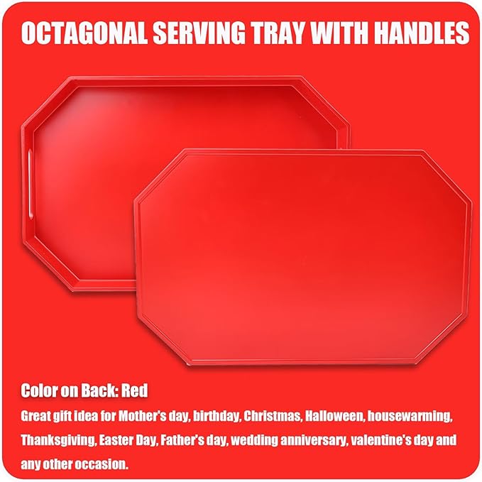 Red Octagonal Serving Tray with Handles for Coffee Table, Plastic Decorative Tray for Ottoman, Kitchen Counter, Living Room, Outdoor Lacquer Tray for Entertaining