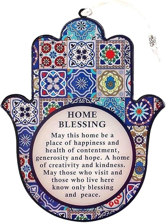 ArancioneandQ Hamsa Good Luck Home Blessing Oriental Blue Evil Eye Protection Amulet Hand Wall Hanging Decor (English Blessing) 7.1 Inch