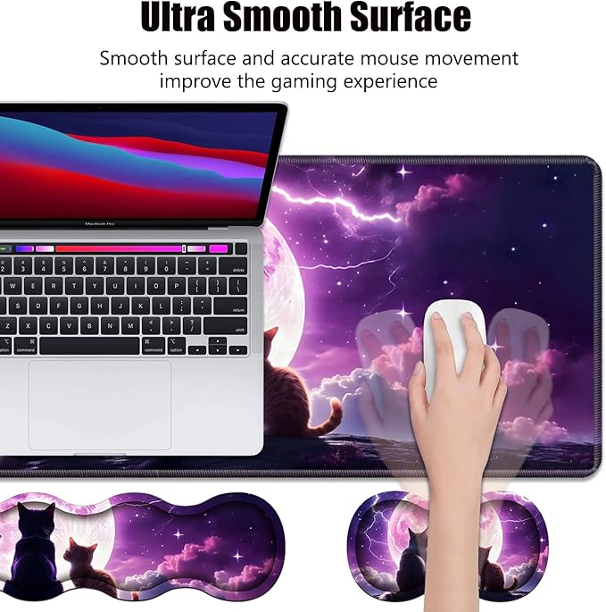 4 in 1 Ergonomic Memory Foam Mouse Pad Wrist Rest Set, Large XXL Gaming Desk Pad + Keyboard Wrist Rest + Mouse Wrist Cushion + Coaster for Home Office Study Gaming, Cats Under The Moon