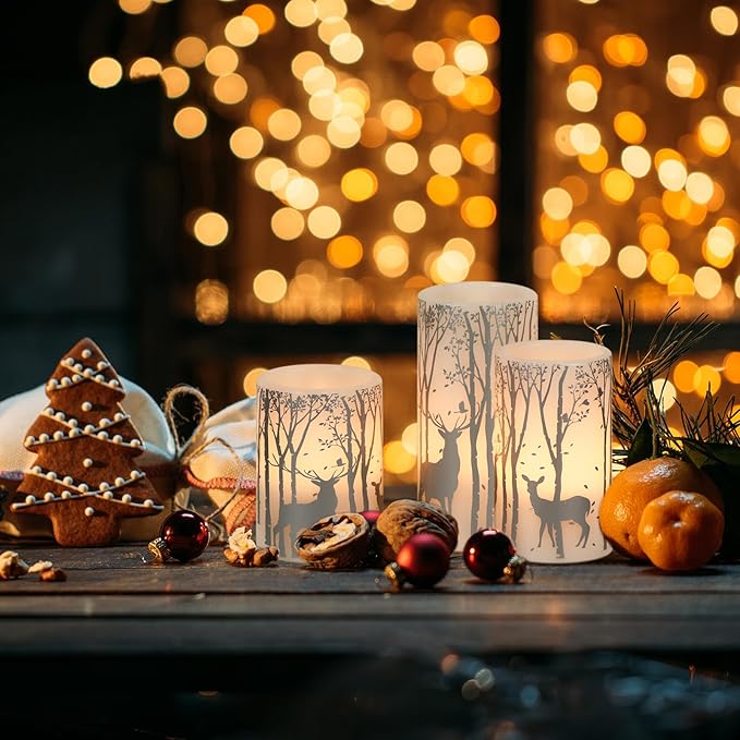 DRomance Silver Deer Flameless Flickering Candles Battery Operated with 6H Timer, 3 Pack Real Wax Warm Light LED Pillar Candles Dinner Tabletop Holiday Centerpiece Decor 3" x 6"