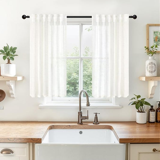 YoungsTex White Linen Semi Sheer Curtains 45 Inch Long for Small Window, Short Length Ivory Drapes Textured Light Filtering with Rod Pocket Back Tab for Cafe Bathroom, 2 Panels, 34 X 45 Inch