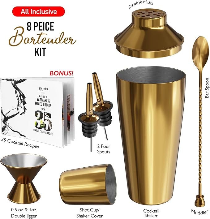 Bar Set Cocktail Shaker Set Bartender Kit, 8 Piece Gold Cocktail Set, Mixology Bartender Kit, Steel Drink Shakers Cocktail Kit, Bar Accessories: 24oz Martini Shaker, Muddler, Cocktail Book and More