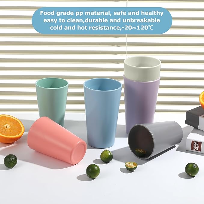 24 Pcs Unbreakable Plastic Cups Set, 20 oz Reusable Plastic Cups, Stackable Water Tumblers, Drinking Cup for Kitchen, Outdoor, BPA-free, Dishwasher Refrigerator and Microwave Safe (20 oz, 6 Colors)