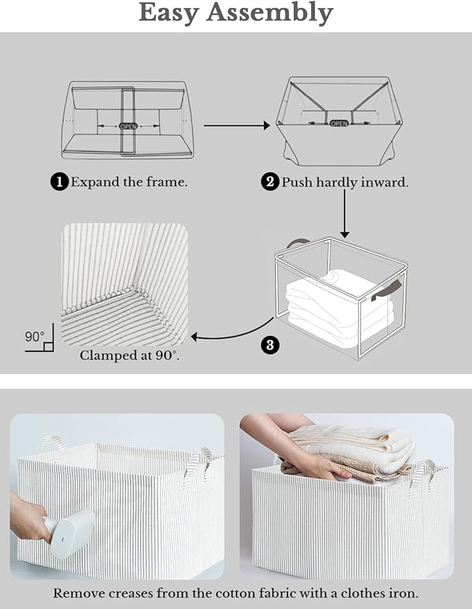 StorageWorks Storage Bins, Fabric Storage Bins for Shelves, Large Storage Baskets with Metal Frame, Closet Baskets and Bins with Handles, Khaki and Beige Stripes, 2-Pack