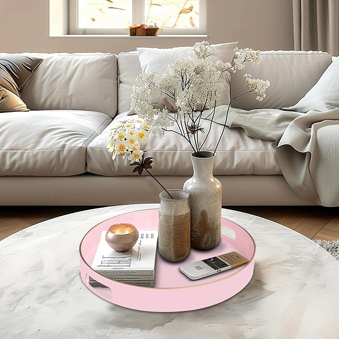 MAONAME 13" Round Tray, Pink Serving Tray with Handles, Modern Decorative Trays for Coffee Table, Plastic Ottoman Trays for Ottoman, Bathroom, Decor
