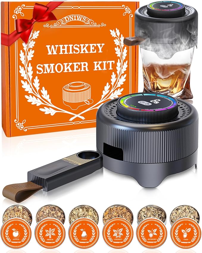 Electric Whiskey Smoker Kit with LED Timer Ring, Adjustable Smoke Levels, Rechargeable Cocktail Smoker Kit with 6 Wood Chips, Old Fashioned Smoker Kit, Bourbon Drink Gifts for Men, Dad, Husband