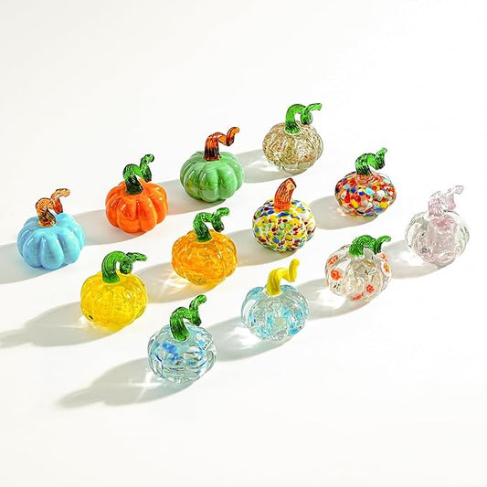 H&D HYALINE & DORA 12 Pcs Mini Blown Glass Pumpkin Figurines Crystal Halloween Pumpkin Art Decorations Table Accent for Home Thanksgiving Halloween