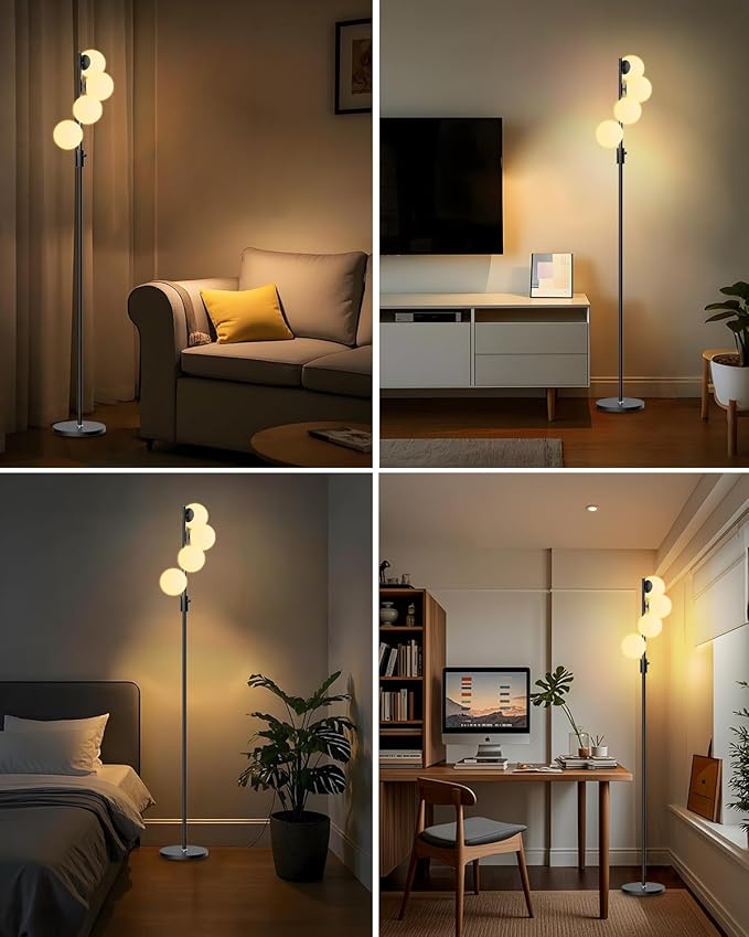 Lightdot 64IN Dimmable (Brightness Adjustable) Globe Floor Lamp, Black Standing Lamps with 4PCS 3000K G9 Bulbs Soft Warm White Eye Care, Mid Century Modern Floor Lamp for Living Room