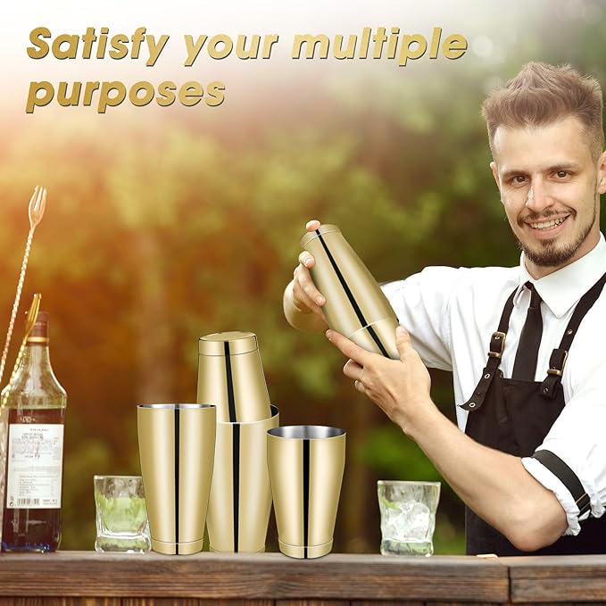 Sabary 6 Pcs Cocktail Shakers Professional Bar Shaker Boston Set Stainless Steel Martini Drink Mixer Basic Tool Weighted Shake Metal Can Cocktail Shaker Set, 18 Oz, 28 oz (Gold)