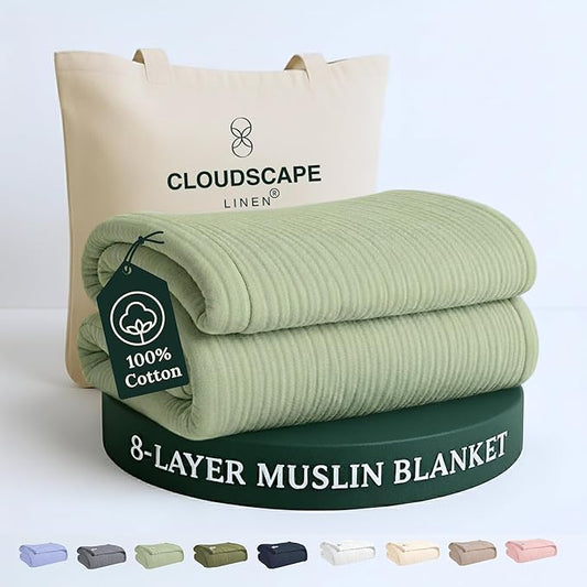 Cloud Scape Linen 100% 8-Layer Cotton Muslin Blanket Queen Size,Lightweight All Season Blanket for Bed, Oversized Cotton Blankets, fits Full Size Bed, 92x92, Seafoam Green