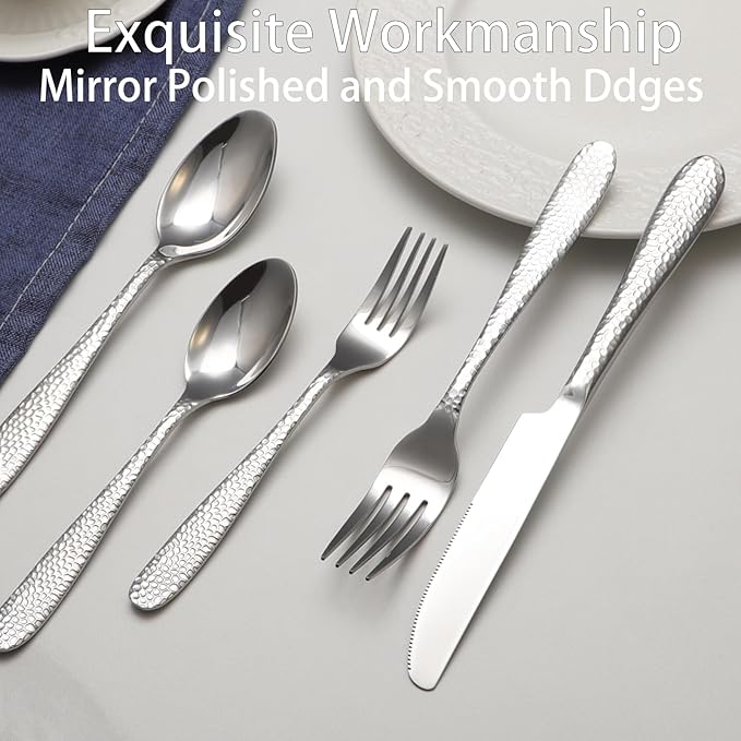 Hammered Silverware Set, 40 Piece Stainless Steel Heavy Duty Flatware Set for 8, Food-Grade Tableware Cutlery Set for Home Restaurant, Mirror Polished, Dishwasher Safe