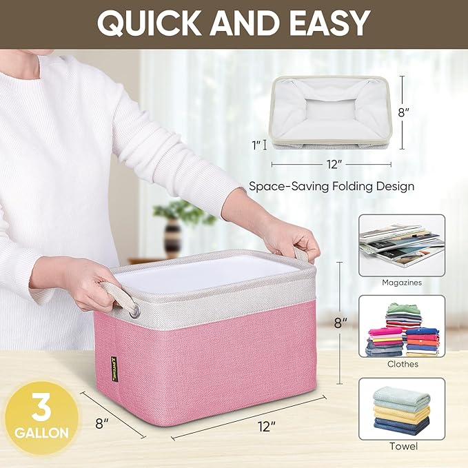 BALEINE 2 Pack Fabric Storage Bins for Shelves, Linen Storage Baskets for Organizing, Decorative Closet Bins for Clothes, Home (Pink, 12"x8"x8")