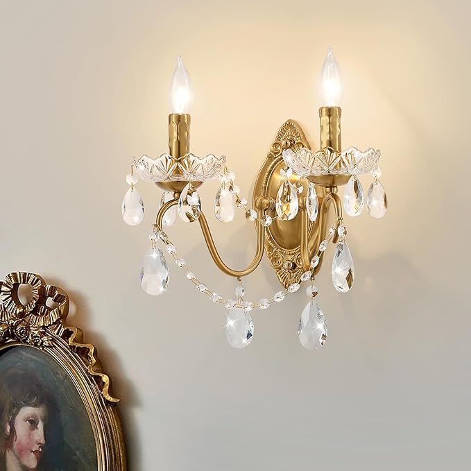 Crystal Wall Sconce, Gold Wall Sconces, Gold Sconces Wall Set of 2, for Living Room, Bedroom, Bathroom,Vanity