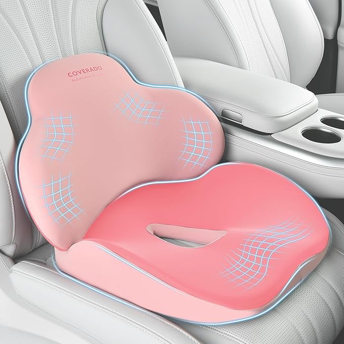 Coverado Car Seat Cushion and Lumbar Support Pillow, Memory Foam Ergonomic Back Support Driving Seat Cushion for Sciatica, Tailbone, Back Pain, Non-Slip Washable Cushion for Car, Driver, Office