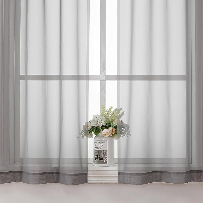 Aiyufeng 2 Piece Grey Short Sheer Curtains 45 Inch Length, Light Filtering Kitchen Curtain for Bedrrom/Living Room/Kitchen Window, Voile Top Dual Rod Pocket, 2 x 40 W x 45" L