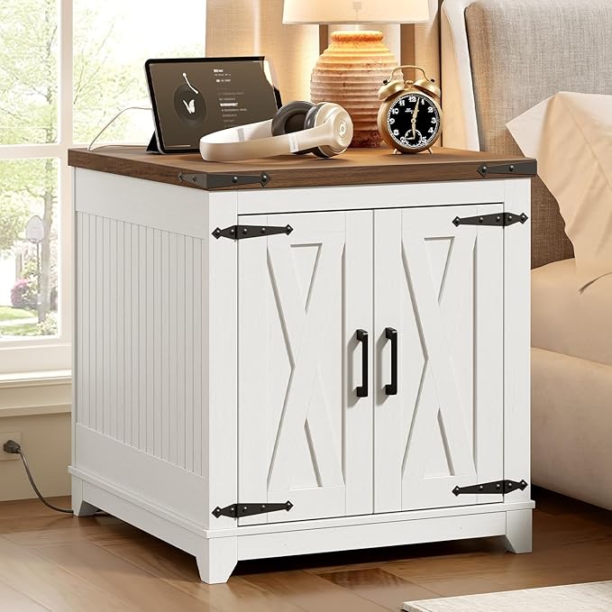 Farmhouse Side Table, Large End Table with Charging Station, Sofa Side Table with Adjustable Shelf and Barn Door, Wooden Nightstand for Living Room, Bedroom, Office, White and Walnut
