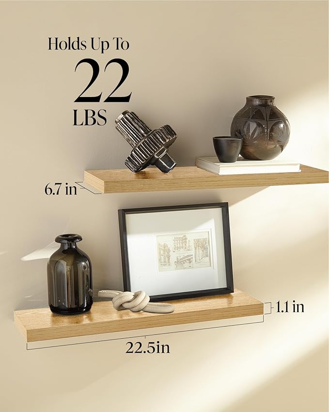 BAYKA Floating Shelves, 22.5 inch Rustic Wood Wall Mounted Shelves Bathroom, Bedroom, Living Room, Kitchen, Hanging Shelf for Books/Storage/Decor (Oak-Toned,Set of 2)