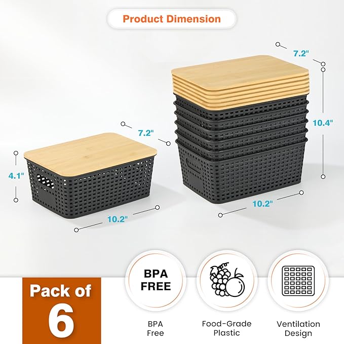 Plastic Storage Baskets With Bamboo Lid - Plastic Storage Containers Stackable Storage bins: Storage Baskets for Organizing Shelves Drawers Desktop Closet Playroom Classroom Office, 6 Pack